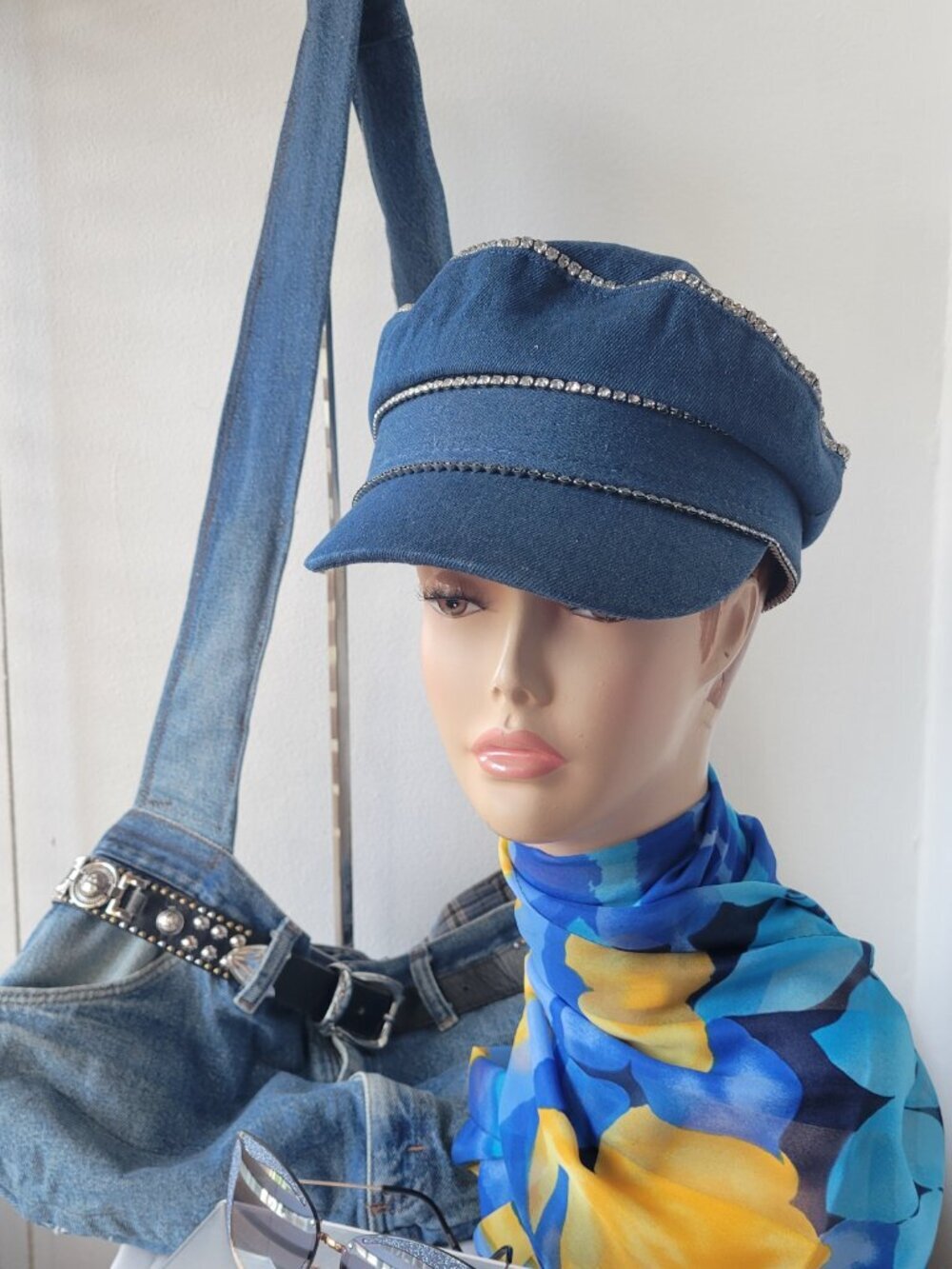 Handmade Upscaled Denim Blue Jean Crossbody Handbag w/ Black Studded Belt - Picture 16 of 16
